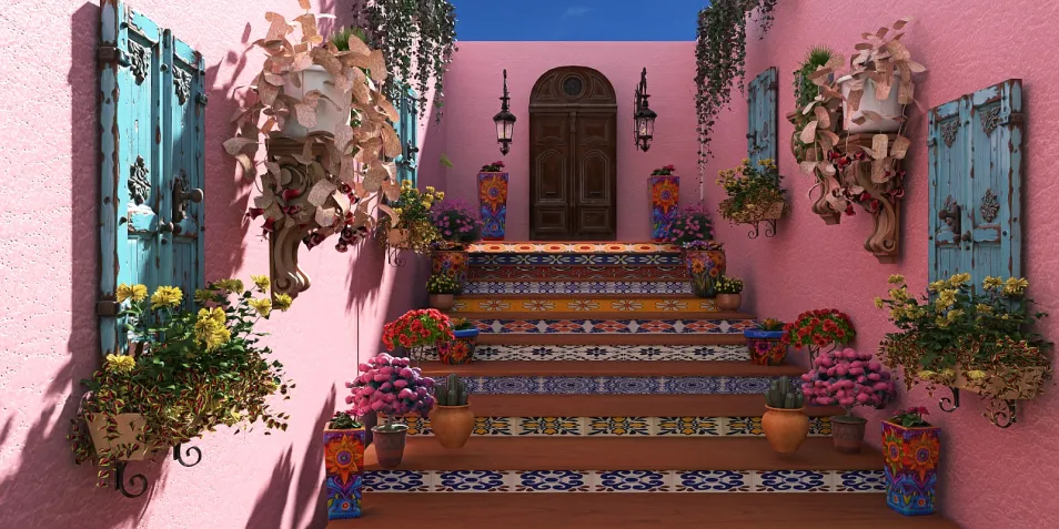vibrant staircase adorned with planters and flowers, showcasing colorful exterior design, emphasizing outdoor decoration for a lively entrance, utilizing Homestyler's smart furniture arrangement feature.
