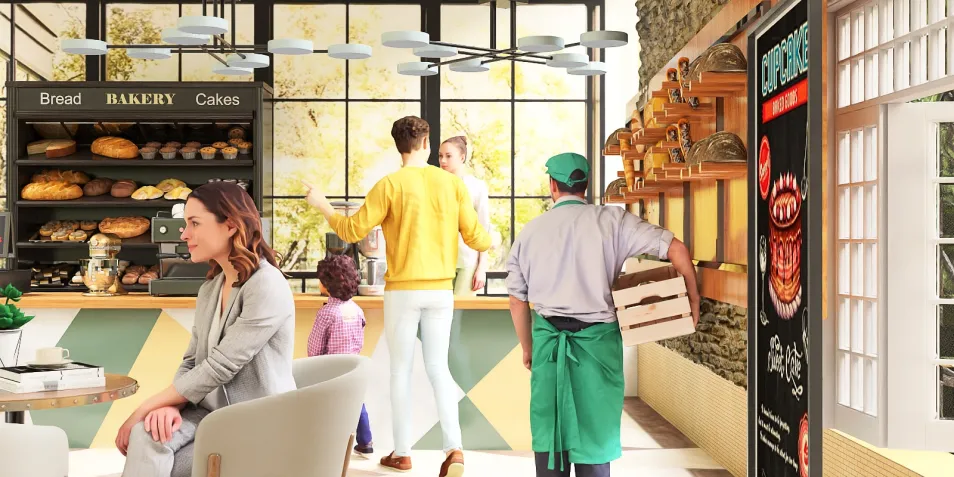 A modern bakery interior showcasing customers enjoying pastries while staff prepare items. The design features a contemporary aesthetic with a cozy atmosphere, highlighting the use of Homestyler's real-time 3D rendering functionalities for effective design presentation.