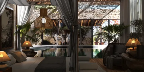 luxurious bedroom overlooking a tranquil pool with biophilic design accents featuring natural light, promoting relaxation and comfort in interior decor, utilizing Homestyler's real-time 3D rendering feature.