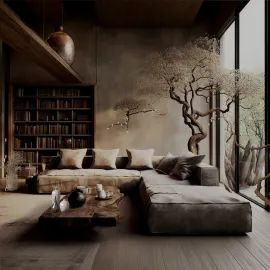 modern living room featuring a sleek sectional sofa and rustic wooden coffee table with a nature-inspired mural, showcasing an elegant interior design style with a focus on comfort and harmony, utilizing Homestyler's real-time 3D rendering for visual preview.