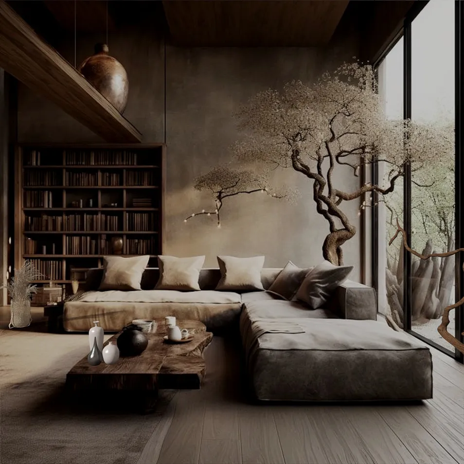 modern living room featuring a sleek sectional sofa and rustic wooden coffee table with a nature-inspired mural, showcasing an elegant interior design style with a focus on comfort and harmony, utilizing Homestyler's real-time 3D rendering for visual preview.