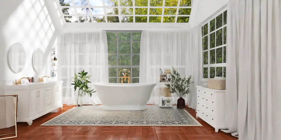 a living room with a white tub and a white rug 