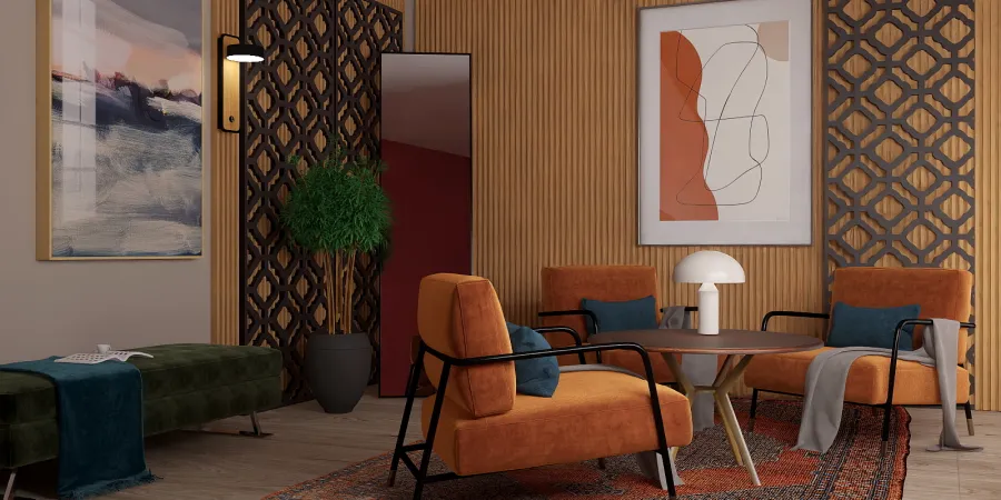 a living room with a couch, chair, table and a lamp 