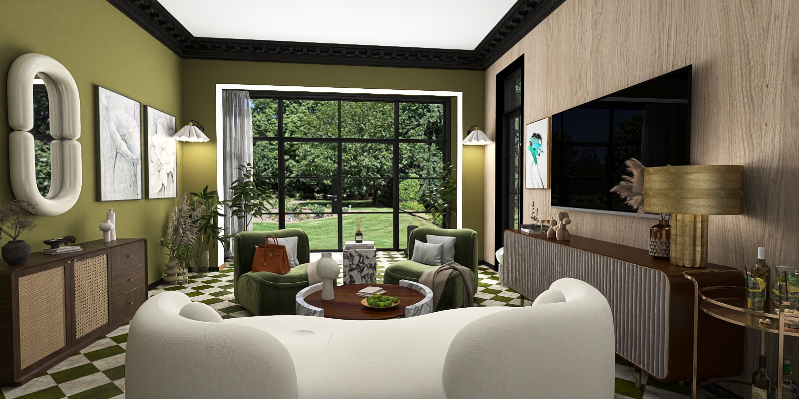 Olive green living room, English countryside