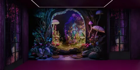 whimsical fantasy landscape design enhancing a magical atmosphere in a creative space using Homestyler's real-time 3D rendering feature.