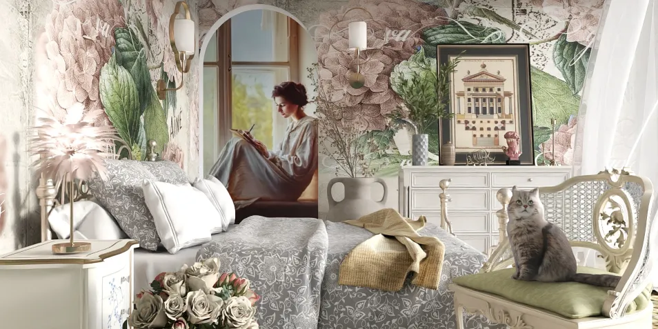 luxurious bedroom design featuring floral wallpaper and elegant furniture in a romantic style, showcasing timeless interior decor with Homestyler's real-time 3D rendering for a preview.