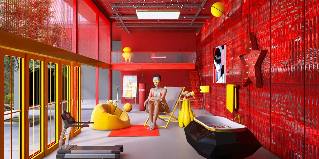 a kitchen with a red wall and a red table 