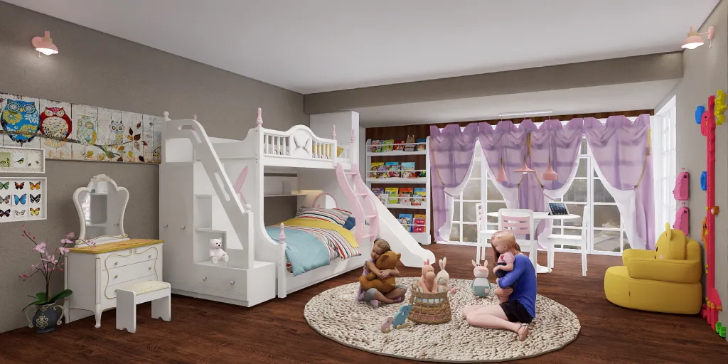 a small child's bedroom with a doll and a bed 