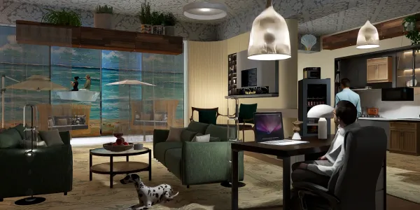 modern living room with a serene ocean view painting featuring furniture arrangement in a contemporary style, showcasing a cozy atmosphere and optimized interior decor using Homestyler's real-time 3D rendering feature.