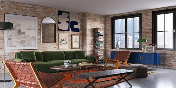 A cozy living room featuring a green sectional sofa, stylish coffee table, and an array of artworks on exposed brick walls, showcasing a mid-century modern design that highlights effective space utilization with Homestyler's real-time 3D rendering.