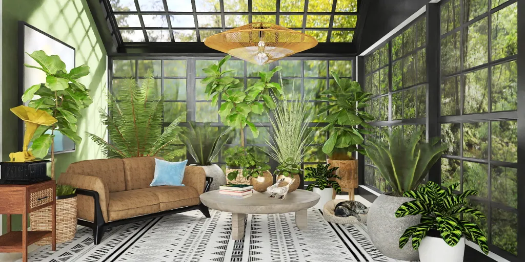a living room with a large green plant in the corner 
