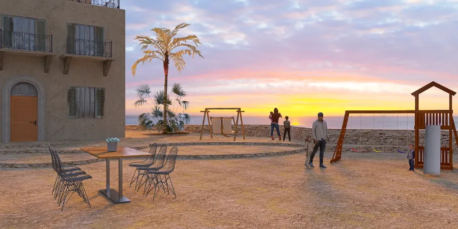 a beach with a couple of chairs and a bench 