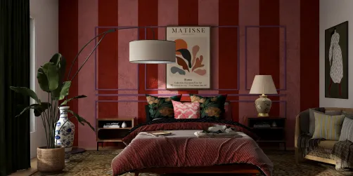 Warm and arty bedroom.