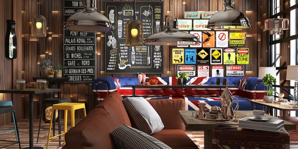 cozy living room with eclectic decor showcasing a vintage British theme, featuring a 3D interior design visualization and the homestyler real-time 3D rendering functionality for accurate design proposals.