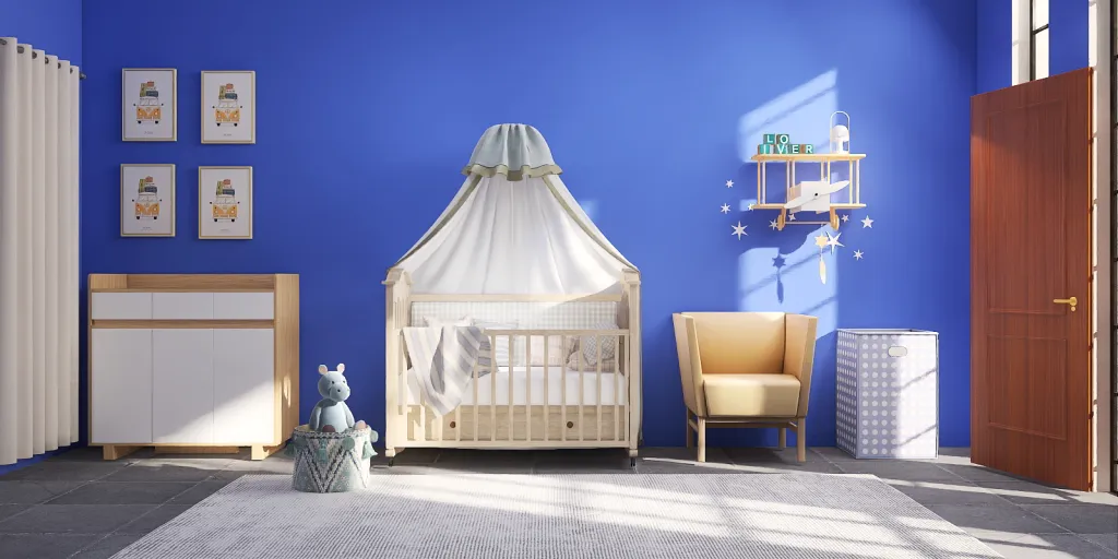 a small room with a blue crib and a blue chair 
