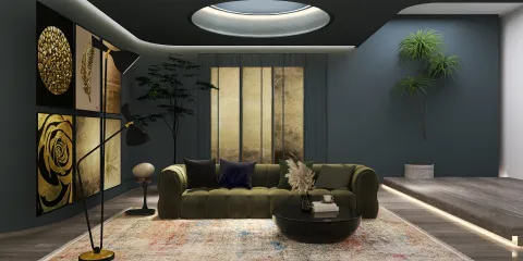 stylish living room featuring modern furniture arrangement with a green velvet sofa and artistic wall decor in contemporary style, highlighting interior design optimization with Homestyler's 3D rendering feature.