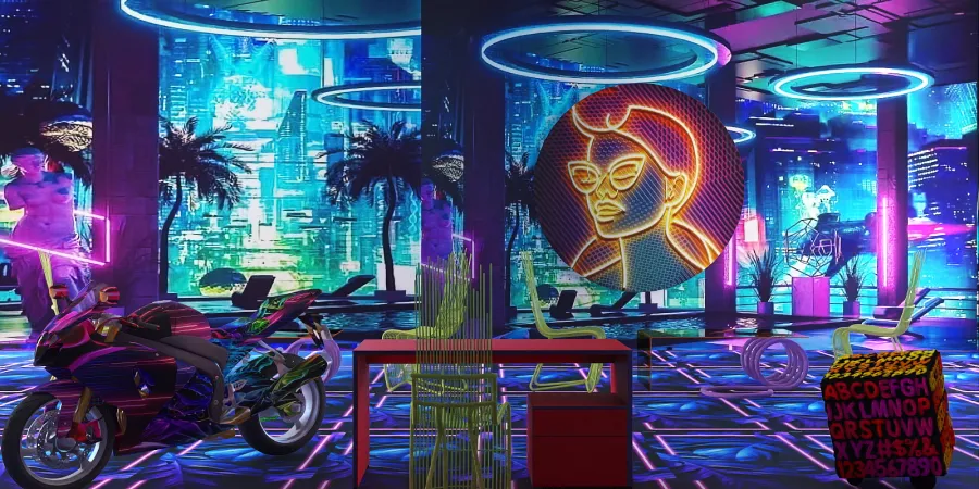 a display of motorcycles and a neon sign 