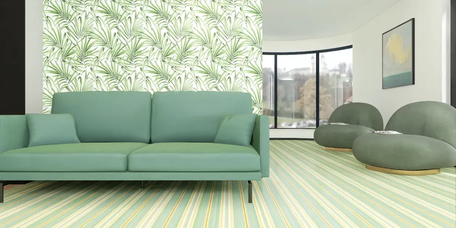 a green couch in a room with a blue rug 