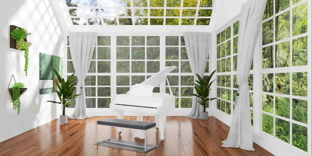 a white and blue living room with a white piano 