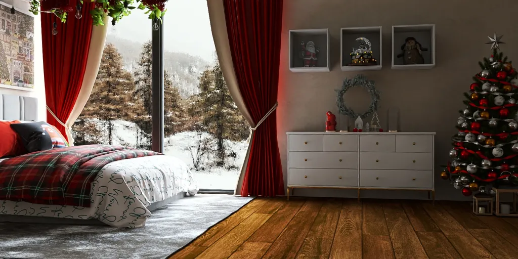 a bedroom with a christmas tree and a fireplace 