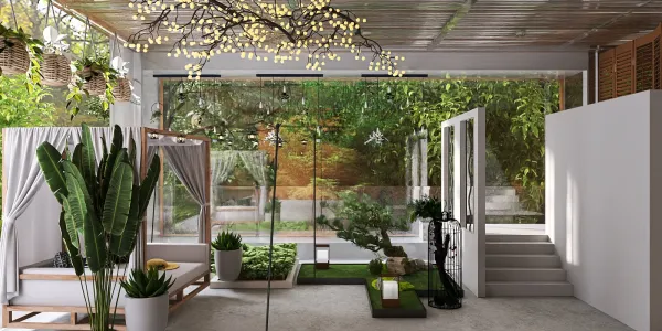 Indoor garden with modern furnishings showcasing a tranquil oasis design style, highlighting the importance of green spaces in interior decor using Homestyler's real-time 3D rendering feature.