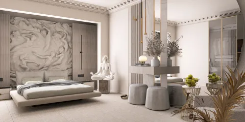 minimalist bedroom design with a sleek bed and decorative wall art featuring a statue, showcasing modern interior décor; utilizing Homestyler's real-time 3D rendering feature for an efficient design preview.