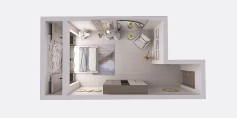 top view of a small bedroom design featuring a bed, decorative elements, and a cozy atmosphere, showcasing Homestyler's real-time 3D rendering capabilities for an optimized interior layout.
