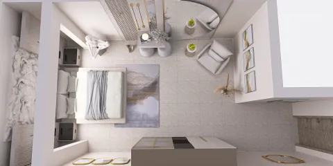 Aerial view of a contemporary bedroom layout featuring smart furniture arrangement, showcasing a minimalist design style, optimized for small spaces using Homestyler's AR virtual furniture placement feature.