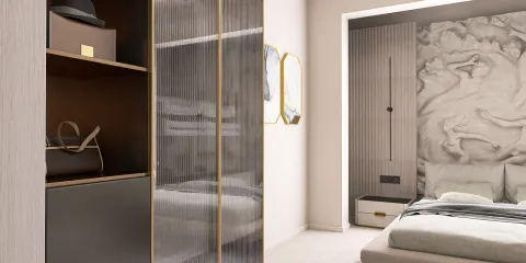 Modern wardrobe design featuring a sleek, glass-front cabinet and elegant storage solutions, enhancing the bedroom's sophisticated aesthetic with a touch of luxury, optimized through Homestyler's real-time 3D rendering feature.