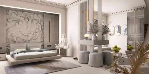 modern bedroom design featuring a serene atmosphere and elegant decor, utilizing Homestyler's real-time 3D rendering for an immersive experience