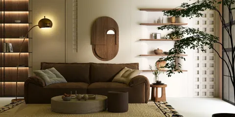 Cozy brown sofa arrangement with modern wooden shelves and decorative plants in a stylish living room design, featuring interior decor and real-time 3D rendering capability of Homestyler.