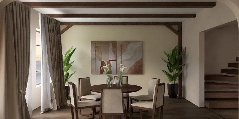 dining room design showcasing a wooden table set for six with elegant chairs and decorative plants, featuring a modern rustic style that emphasizes warmth and comfort, utilizing Homestyler's smart furniture layout feature.