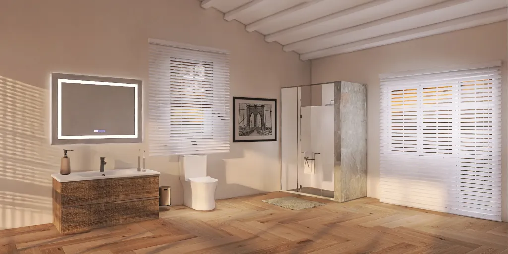 a bathroom with a sink, toilet, and a window 