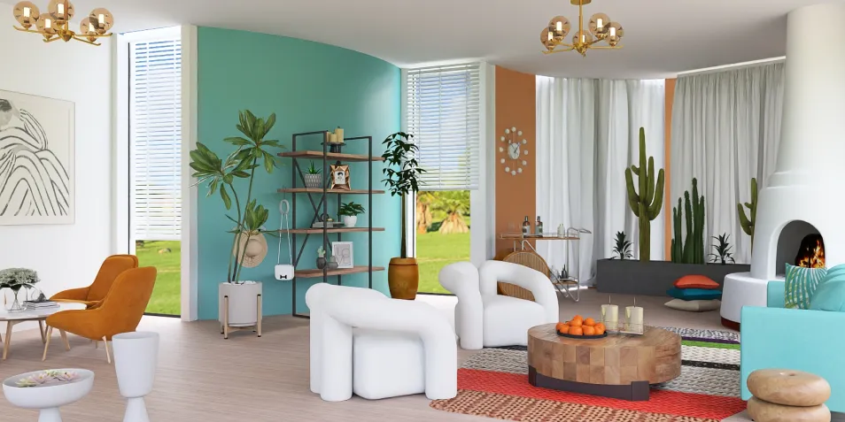 modern living room design featuring curved furniture arrangement in a vibrant color scheme, showcasing interior decor ideas using Homestyler's real-time 3D rendering functionality.
