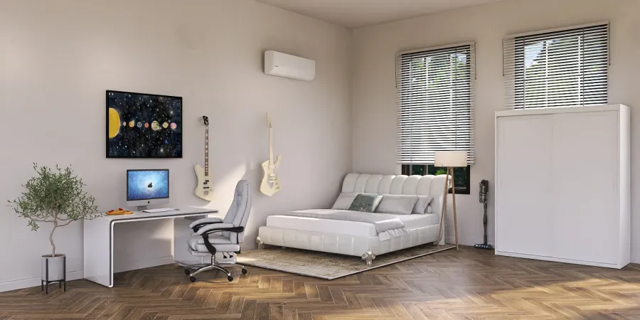 a bedroom with a tv and a bed 