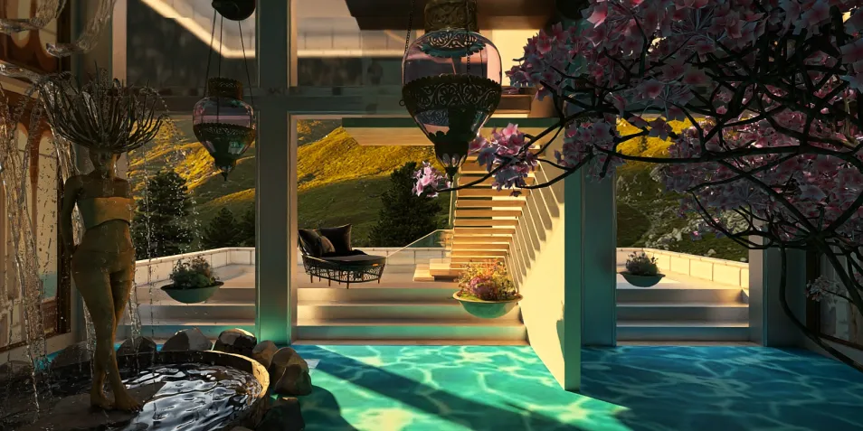 a beautiful indoor water garden featuring a serene water fountain and blooming cherry blossom trees, designed in a modern zen style with a focus on tranquility, utilizing Homestyler's real-time 3D rendering to preview the calming atmosphere.