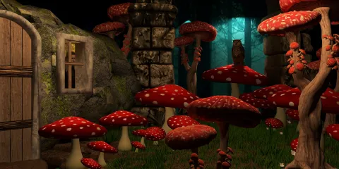 mushroom garden with oversized red mushrooms and an ancient stone wall adding fantasy elements to the scene, showcasing 3D interior design for immersive environments using Homestyler's real-time 3D rendering feature.