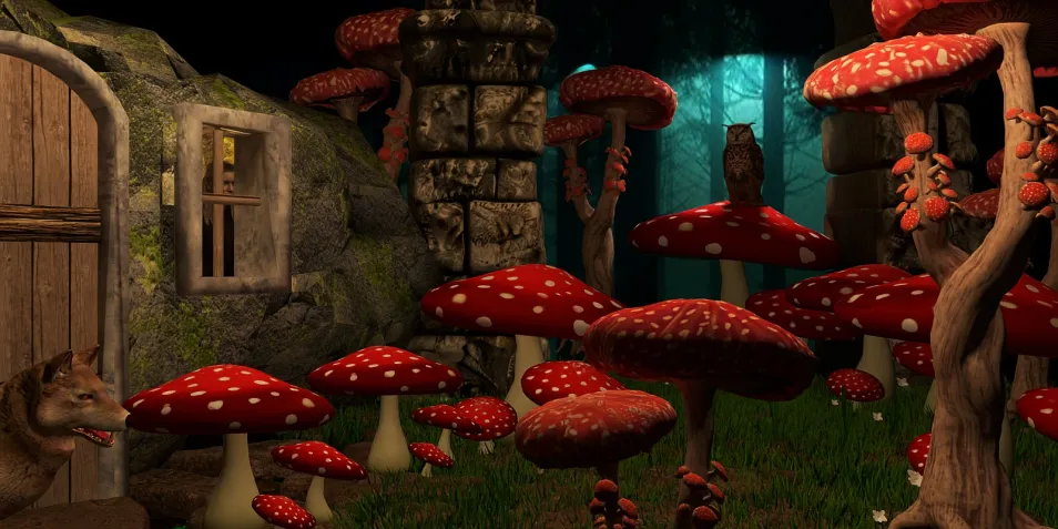 3D fantasy forest scene with oversized red mushrooms and a cozy wooden door, featuring whimsical design elements and a magical atmosphere, showcasing Homestyler's real-time 3D rendering capability.
