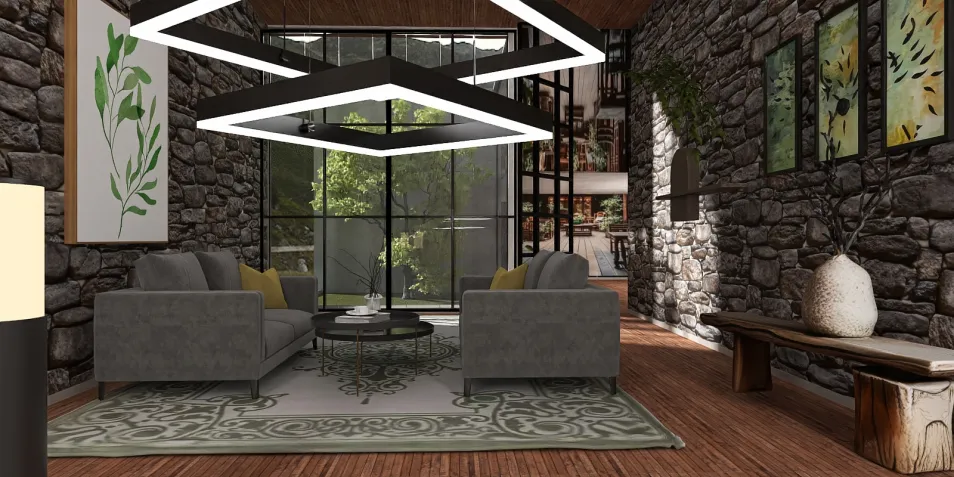 modern living room design featuring stone walls, showcasing a cozy seating arrangement and stylish lighting, enhancing the ambiance of the space with a touch of nature, incorporating Homestyler's real-time 3D rendering feature.