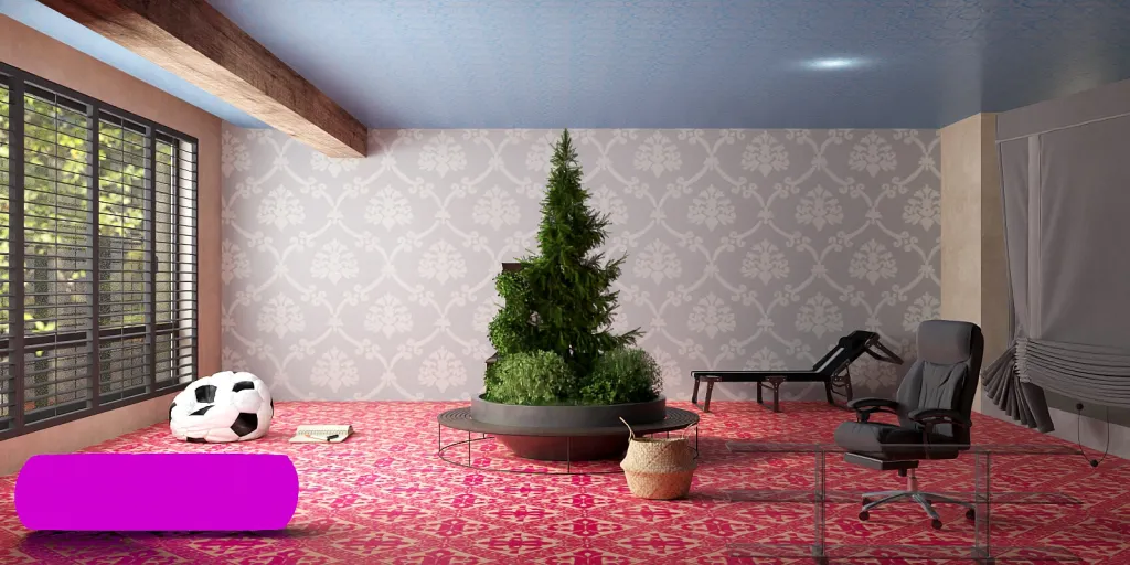 a living room with a christmas tree and a table 