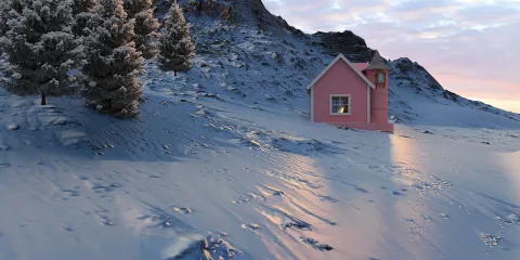 pink house nestled in snowy landscape with trees surrounding, showcasing winter architecture design in an enchanting style, ideal for exploring unique outdoor spaces with Homestyler's 3D rendering feature.