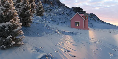 pink house in snowy landscape surrounded by pine trees showcasing winter design style, highlighting Homestyler's real-time 3D rendering feature.