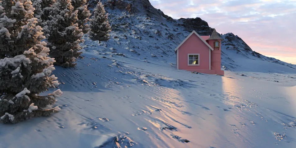 pink house in snowy landscape surrounded by pine trees showcasing winter design style, highlighting Homestyler's real-time 3D rendering feature.