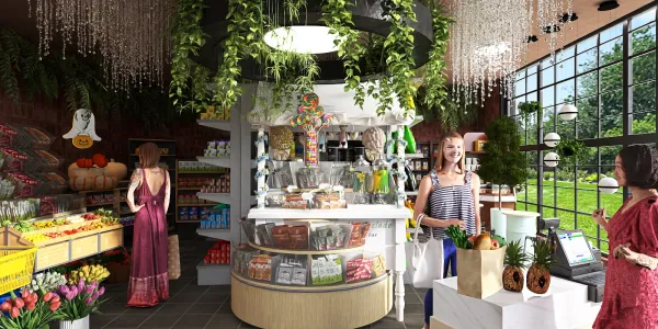 grocery store interior design showcasing smart furniture arrangement in a vibrant marketplace, featuring a lush greenery theme, emphasizing the use of Homestyler's real-time 3D rendering for quick design previews.
