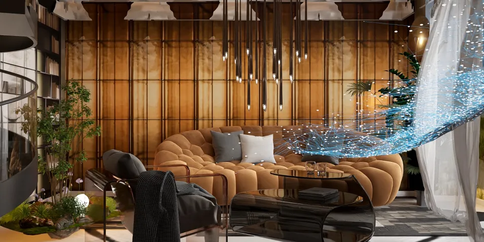 modern living room featuring a tufted sofa with decorative pillows, showcasing an elegant interior design that utilizes smart furniture arrangement for optimized space utilization with Homestyler's real-time 3D rendering capabilities.