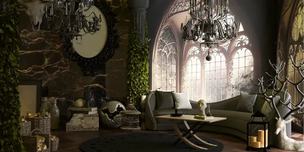 luxurious living room design featuring a sophisticated sofa and elegant chandeliers, creating a cozy atmosphere with rich textures and greenery, showcasing Homestyler's real-time 3D rendering feature