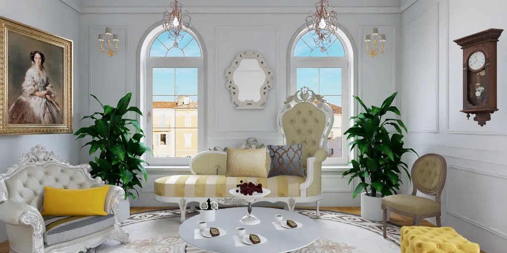 a living room with a large window and a large clock 