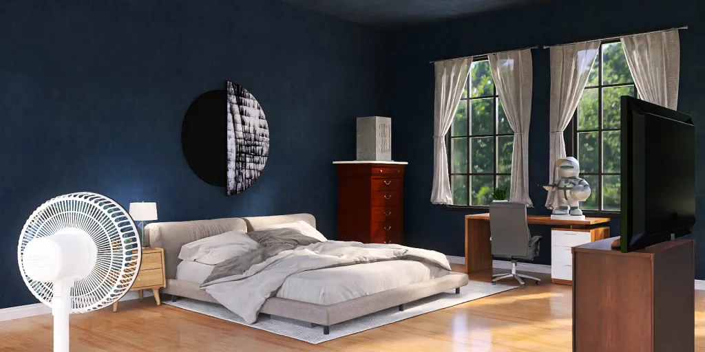 a bedroom with a bed, a tv, and a painting 