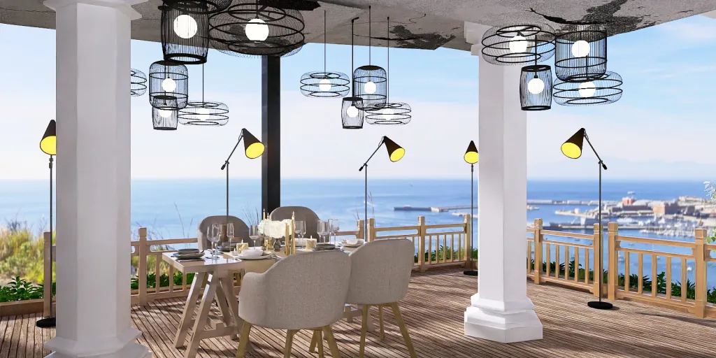 a dining room with a large balcony overlooking the ocean 