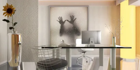 modern office space featuring a glass desk and stylish chair, showcasing a unique wall art design that enhances the ambiance, optimized for smart furniture placement using Homestyler’s real-time 3D rendering feature.